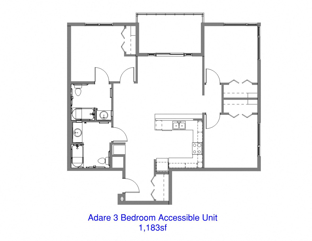 Floor plan for 3 beds, 2 baths, 1183 sqft